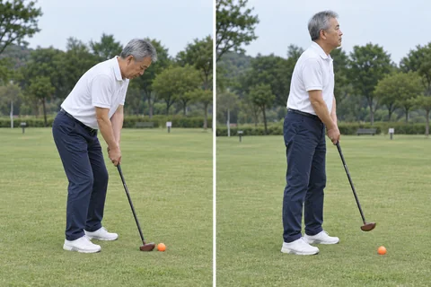 왼쪽은 공을 내려다보는 준비 자세, 오른쪽은 공을 치기 전에 고개와 상체를 들어 채가 높아진 모습