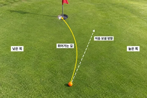 높은 오른쪽으로 출발한 공이 낮은 왼쪽으로 휘어 홀컵으로 가는 길을 표시한 잔디 사진